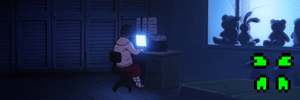 Lain sitting at her computer. This animated gif is used as a 4chan banner.