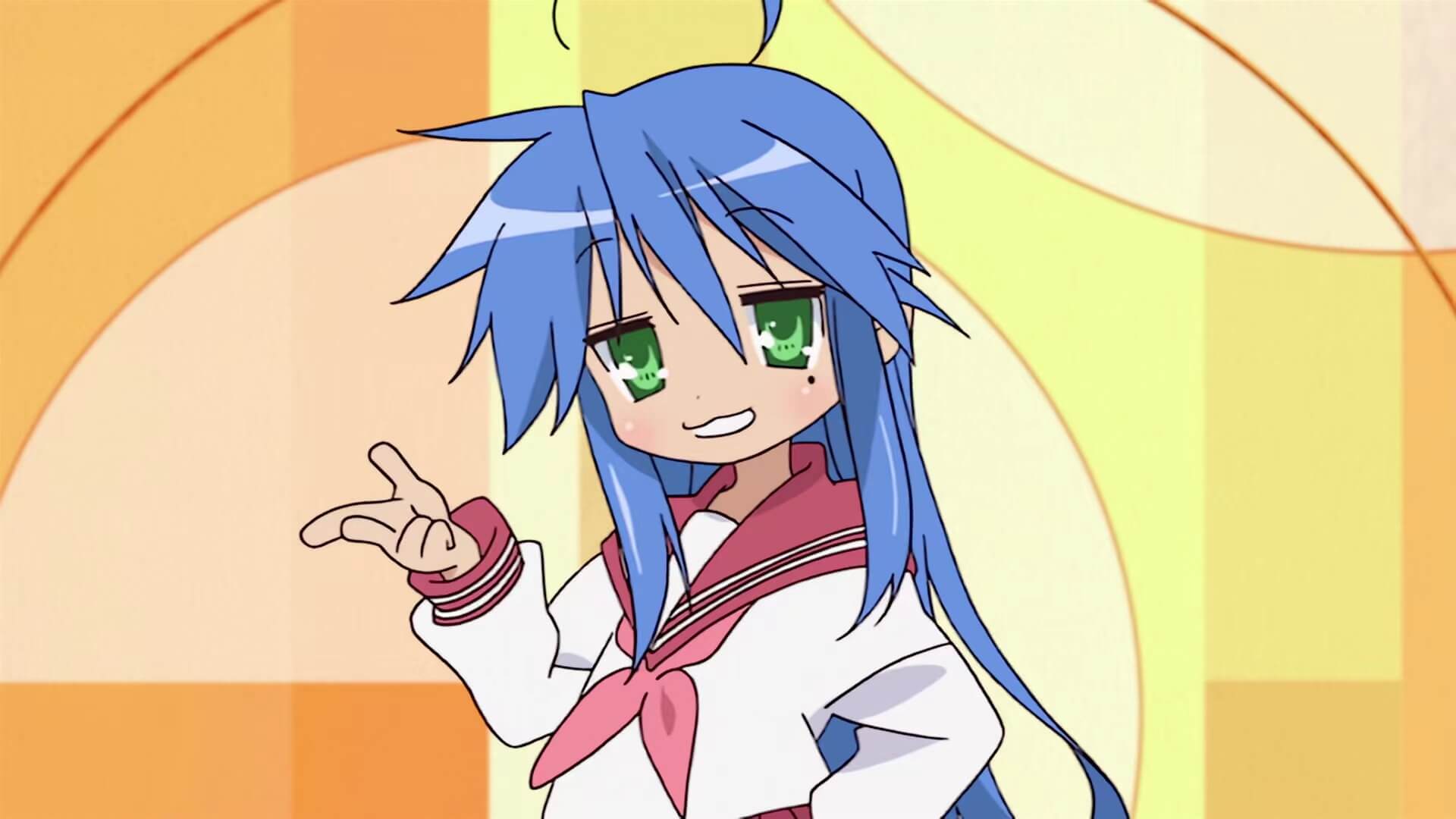 Konata poses in the opening song Motteke Sailor Fuku